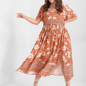 Bloomchic Orange Floral Print Ruffled Ruched Split Maxi Dress Sz 18-20 NWT